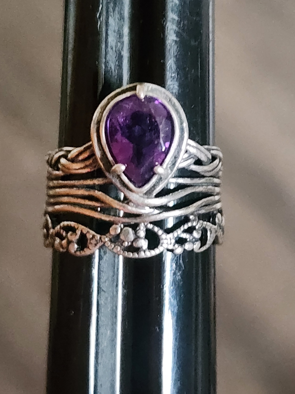Sterling Silver Pear Amethyst Stacked Layered Look Ring - Purple Israel Size 10